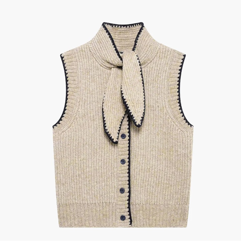 COMMENSE Tie Neck Contrast Trim Button Sweater Vest
